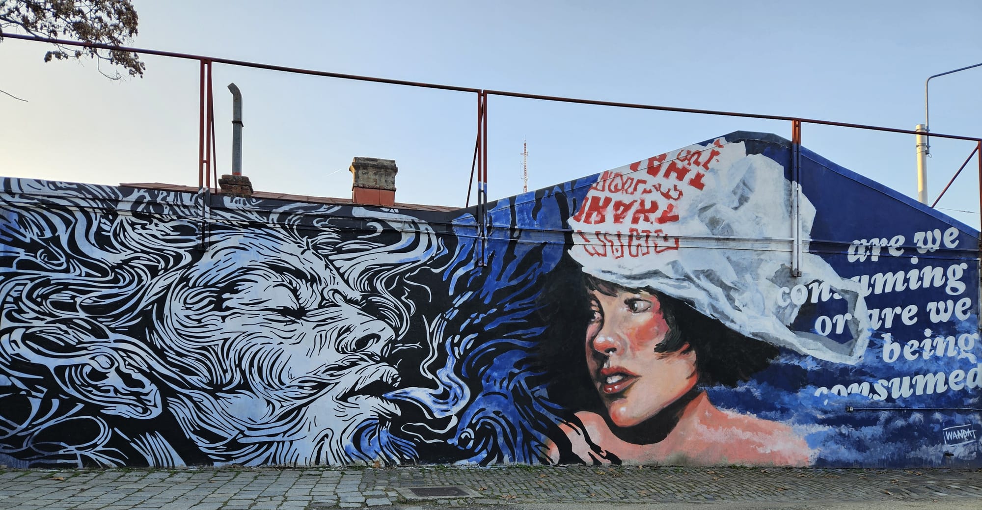 Street art in Bucharest, Romania, picturing a girl with plastic bag wrapped around her head. The writing says "are we consuming or are we being consumed"